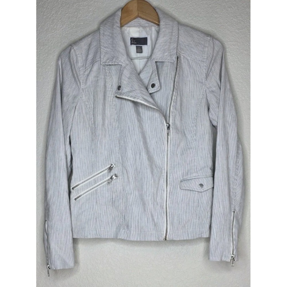 Chelsea28 Pinstripe Linen Blazer Sz M Grunge Zip Moto Coastal Cottage Boho Core